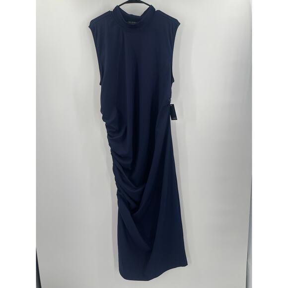 ELOQUII Dress Size 20 Navy NWT Midi Stretch Sleeveless Ruched Bodycon Plus Curvy - Picture 14 of 15